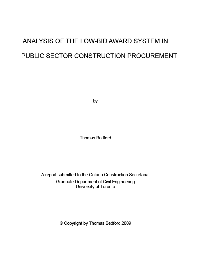 Analysis of the Low-Bid Award System in Public Sector Construction Procurement