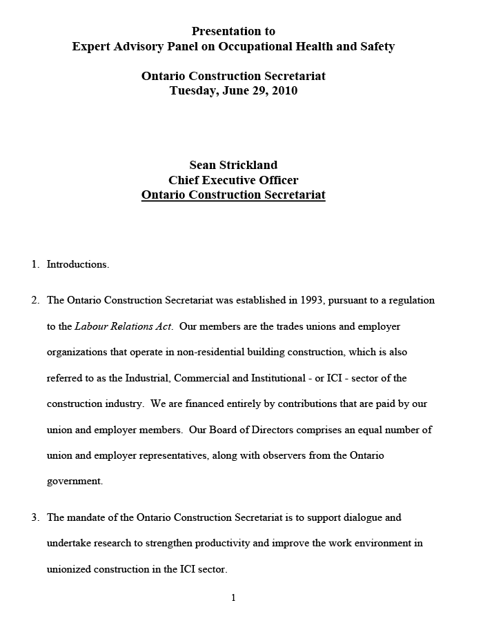 Submission to Expert Advisory Panel on Occupational Health and Safety